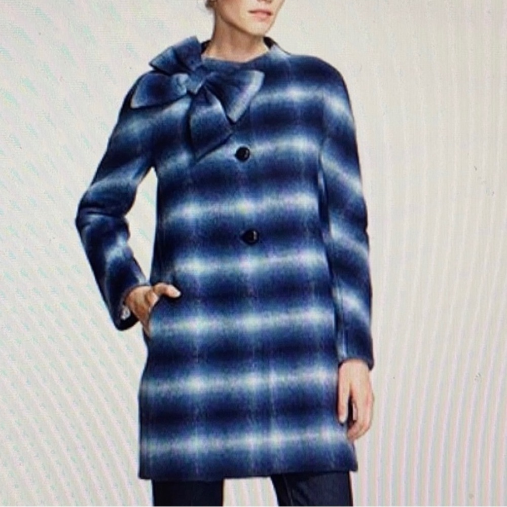 Kate Spade‎ Dorothy Blue Check/Plaid Wool Blend Coat With Bow Accent
